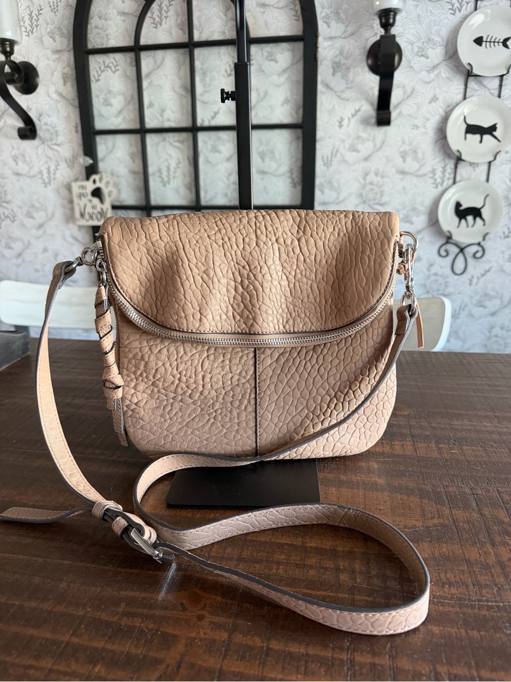 Vince Camuto Fold Over Zip Pebbled Leather Crossbody Bag NWOT